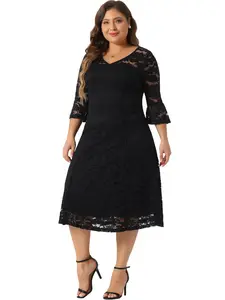 Agnes Orinda Plus Size Women's Lace Wedding Dress V-Neck 3/4 Sleeve Midi Swing Evening Bridesmaid Dresses