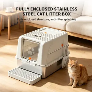 Flip-top stainless steel cat litter box, fully enclosed to prevent splashes, extra-large size, odor control, detachable and easy to clean, pet toilet with step