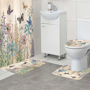 1/4 piece set of floral butterfly patterned shower curtain, The 4-piece set includes a single shower curtain, anti slip floor mat, toilet U-shaped mat, toilet lid mat, with shower curtain hook, and belongs to bathroom decoration products