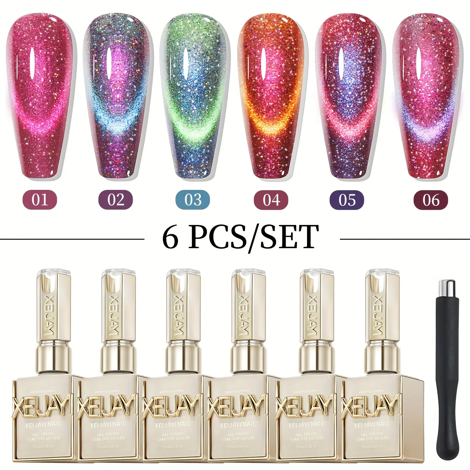 XEIJAYI 6pcs Super Glossy Cat Eye Nail Art - Dynamic Elf Cat Eye Sparkling Fashion - Salon-Grade Nail Gel Nail Art Tools for Women
