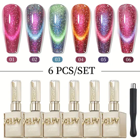 XEIJAYI Women’s 6pcs Set 15ml TPO&HEMA-Free Cat Eye UV LED Gel Polish, Super Glossy Magnetic Formula, Dynamic Shimmer, Smooth Application, Cosmetic for Adults’ Nail Care, 24-Month Usability, LED-Curing Nail Art