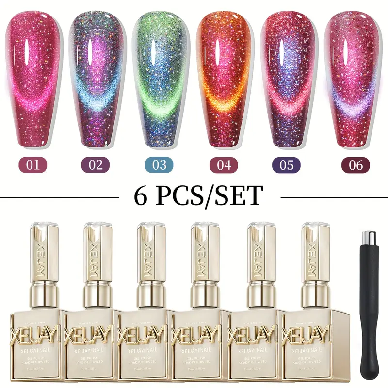 XEIJAYI Women’s 6pcs Set 15ml TPO&HEMA-Free Cat Eye UV LED Gel Polish, Super Glossy Magnetic Formula, Dynamic Shimmer, Smooth Application, Cosmetic for Adults’ Nail Care, 24-Month Usability, LED-Curing Nail Art