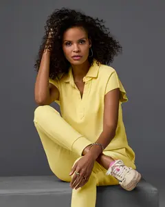 Cotton Comfort Short Sleeve Collared Lounge Top Pale Banana