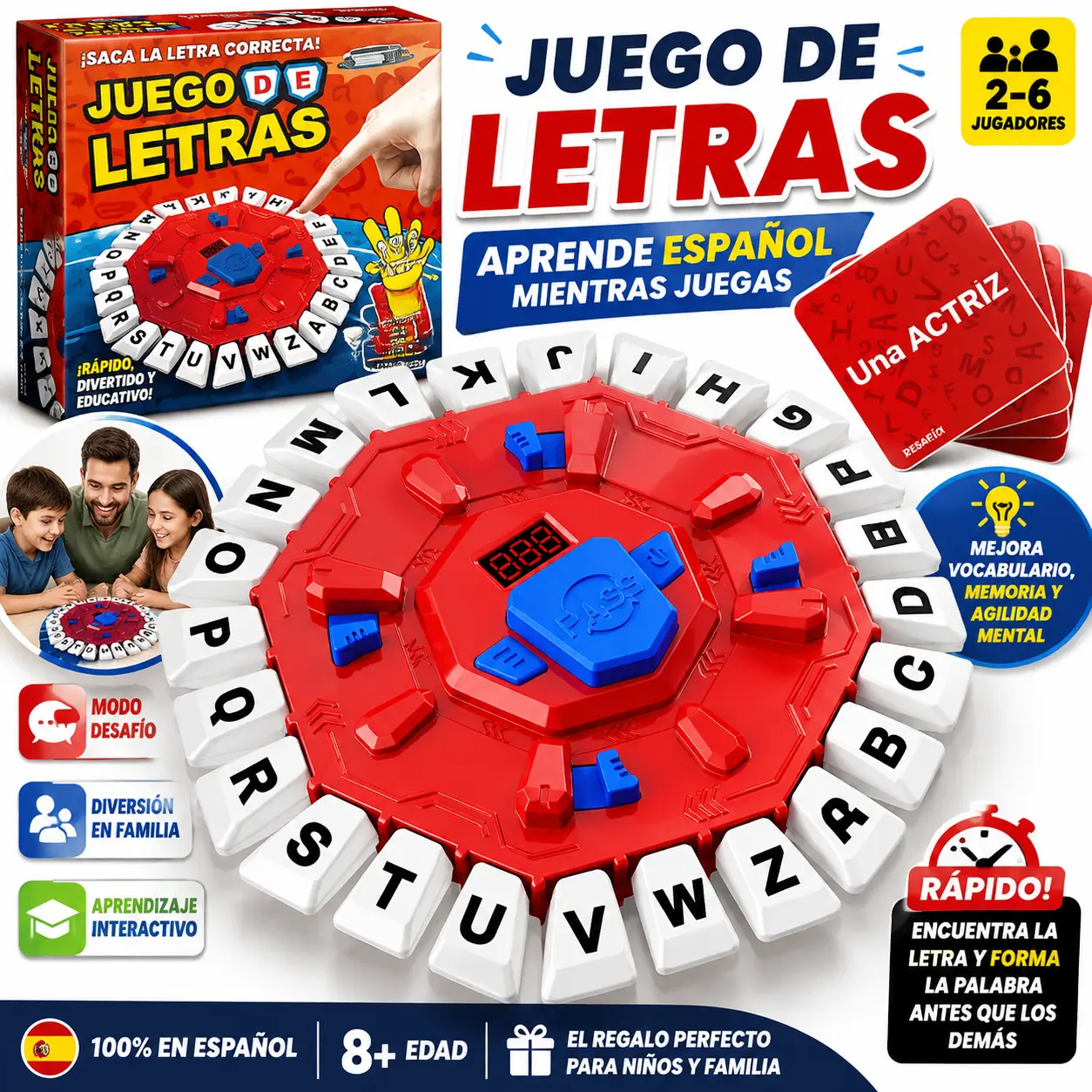 Spanish Word Game, Fast Letter Challenge Board Game with Cards, Interactive Language Learning Toy for Kids & Family, Multiplayer Party Game Ages 8+