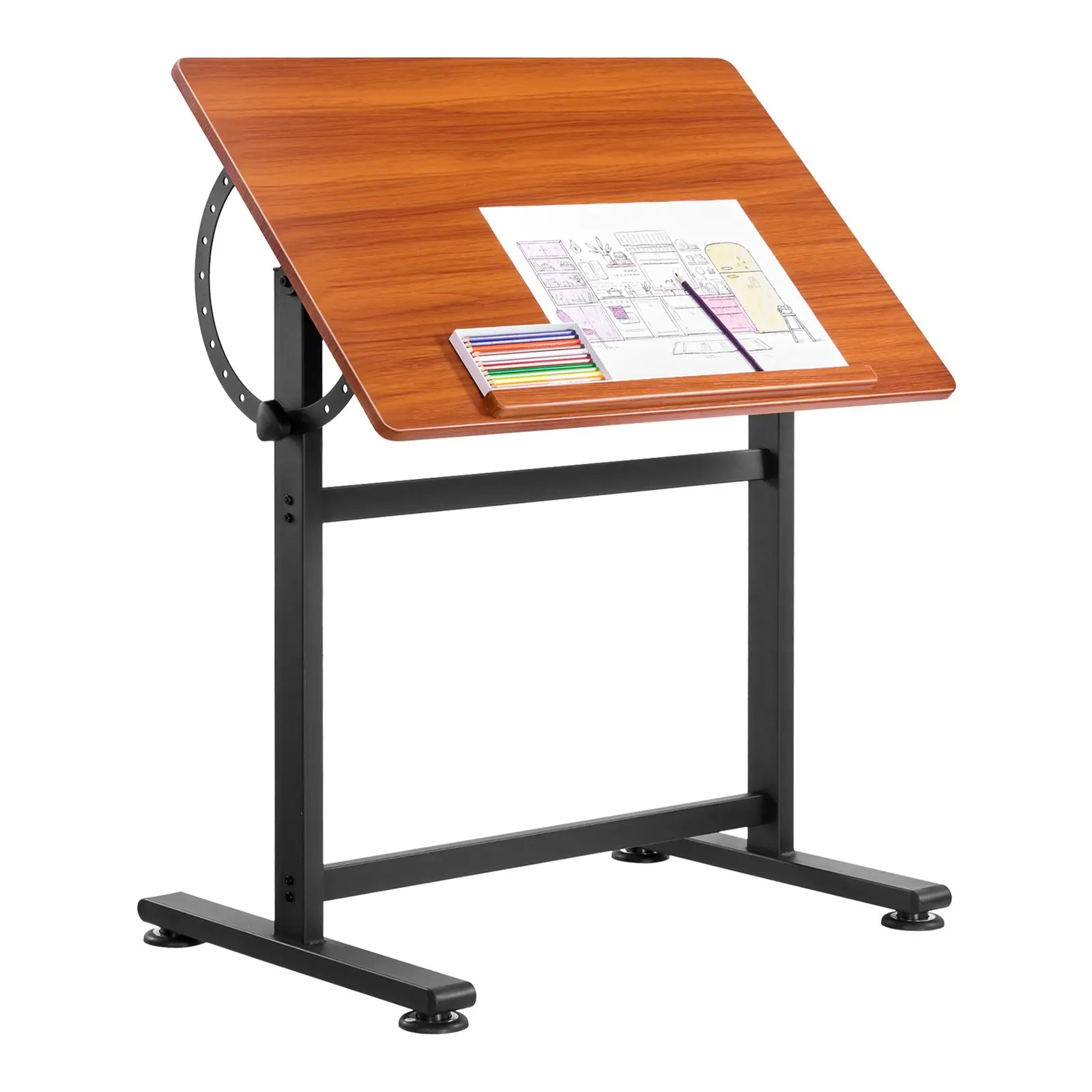 VEVOR Sturdy Metal H-Frame Tiltable Desk, Ergonomic Wooden Top Drafting Table with Brown Desktop, 0-90° Tilt Adjustment, 40kg Load Capacity, Storage, Portable Artist Workstation for Creative Workers, Reading