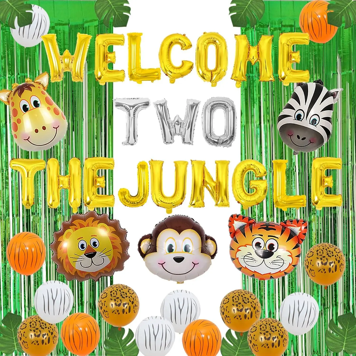 Welcome Two The Jungle Birthday Decorations, Safari 2Nd Birthday Decorations - Animal Balloons Green Artificial Palm Leaves For Two Wild Birthday