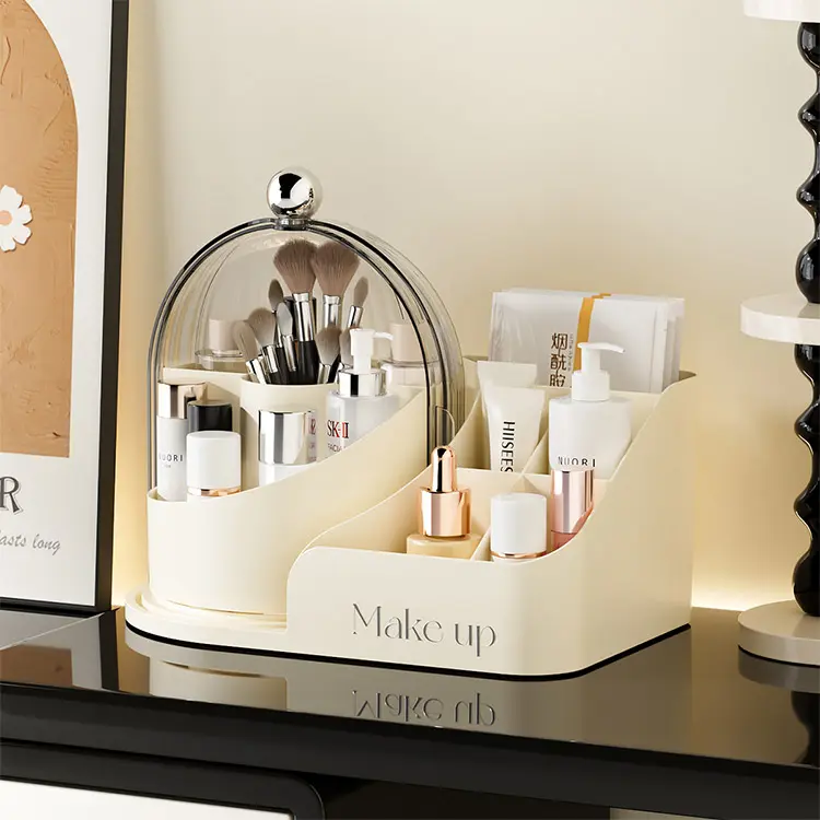 Aesthetic Rotating Makeup Organizer Dustproof Dome Brush Holder with Storage Tray