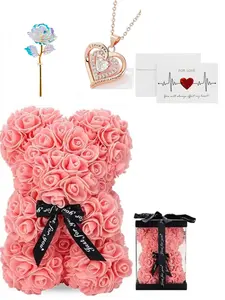 Flower Necklace Gift Set, Rose Bear Card Box, Five-Piece Mother's Day Valentine's Day Qixi Festival Gift for Mom and Girlfriend