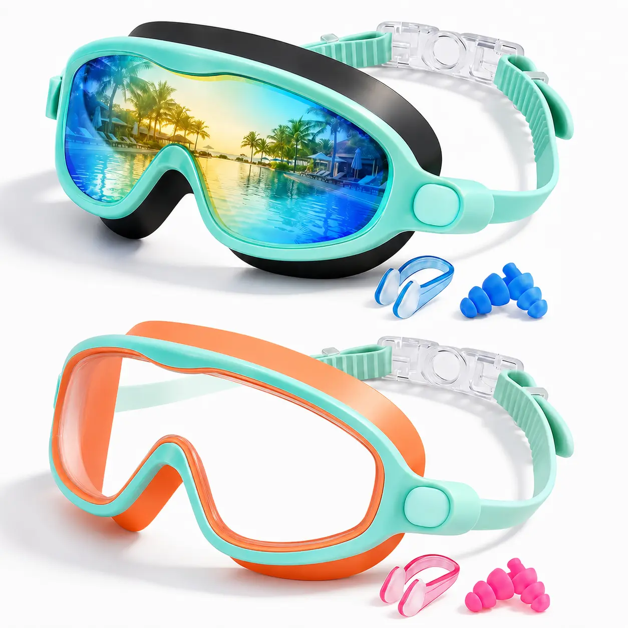 Kids Swim Goggles 2 Pack Set, Panoramic PC Lens with Anti-Fog & UV Protection, Leak-Proof Silicone Frame for Youth Boys & Girls Ages 3-15, -1.5D, Pool