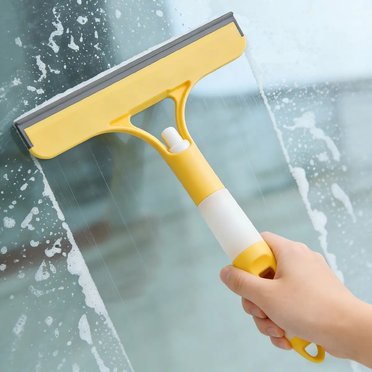3-in-1 Spray Window Cleaning Squeegee, Multifunctional Home Care Tool with Microfiber & Silicone Blade for Glass, Cars, White & Yellow