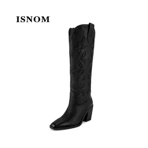 ISNOM Knee High Cowboy Cowgirl Boots for Women, Western Boots with Pull On Tab, Chunky Heel Design, Unique and Stylish
