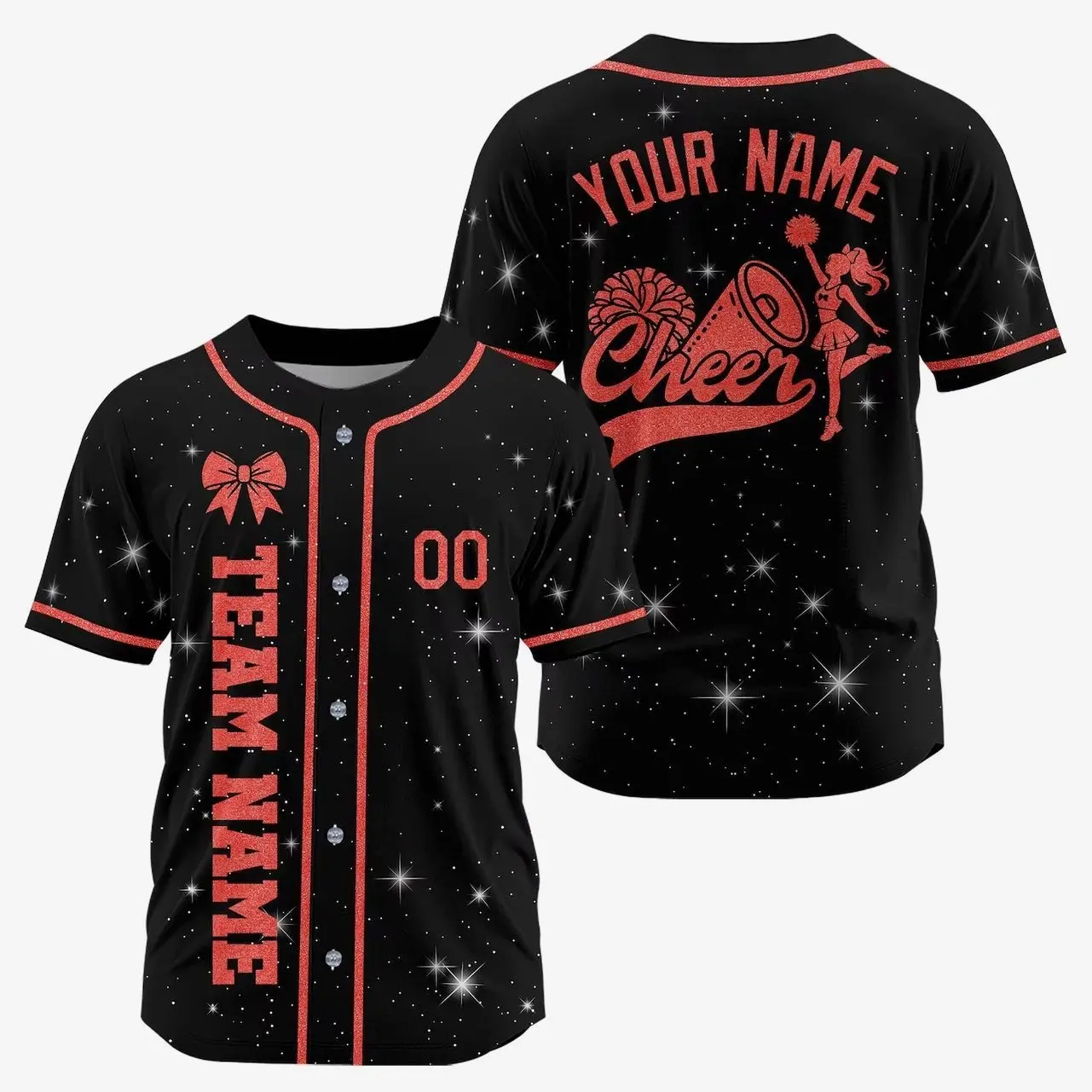 Personalized Black Red Glitter Cheer Baseball Jersey Men Women Youth, Name Number Logo Printed Glitter Jersey, Cheerleader, Cheerleading Mom