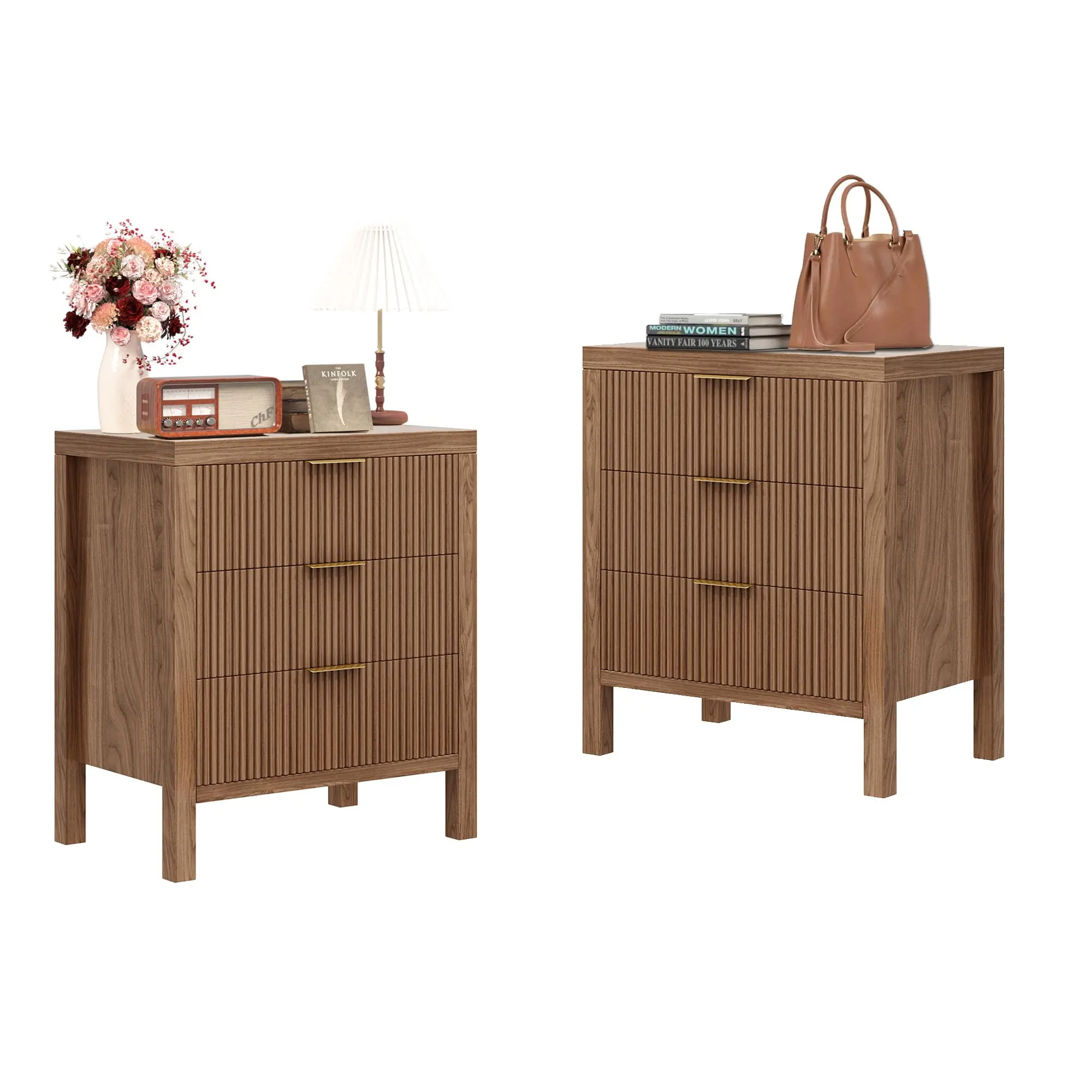 ZXVOIM Nightstands for Bedroom, Mid Century Bedside Tables, 3 Drawers End Table with Storage, Fluted Chest of Drawers for Bedroom, Living Room, Office
