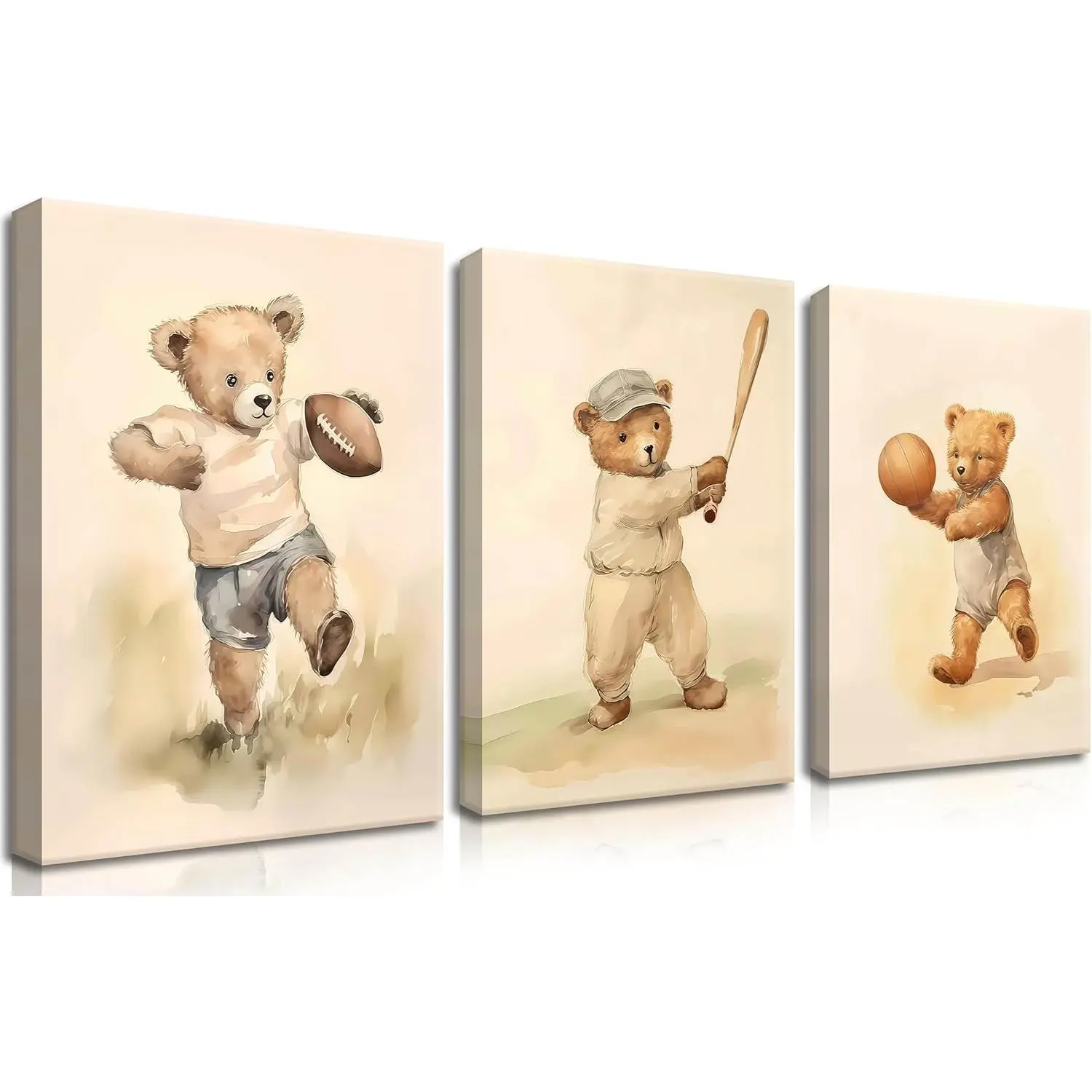 Artistic Animal Bear Rugby Framed Canvas Wall Art Set of 3 - 16x24 in Wood-Framed Nursery Prints, Home Decor for Kid Room, Wardrobe, Balcony Boys' Bedroom, Animals