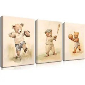 Easy To Hang Bear Rugby Sports Nursery Canvas Wall Art Set Of 3 - Cute Vintage Baby Bear Pictures Paintings Poster Prints, Nursery Animal Wall Decor For Children Bedroom Boy Room Decoration 16x24 Inch Framed