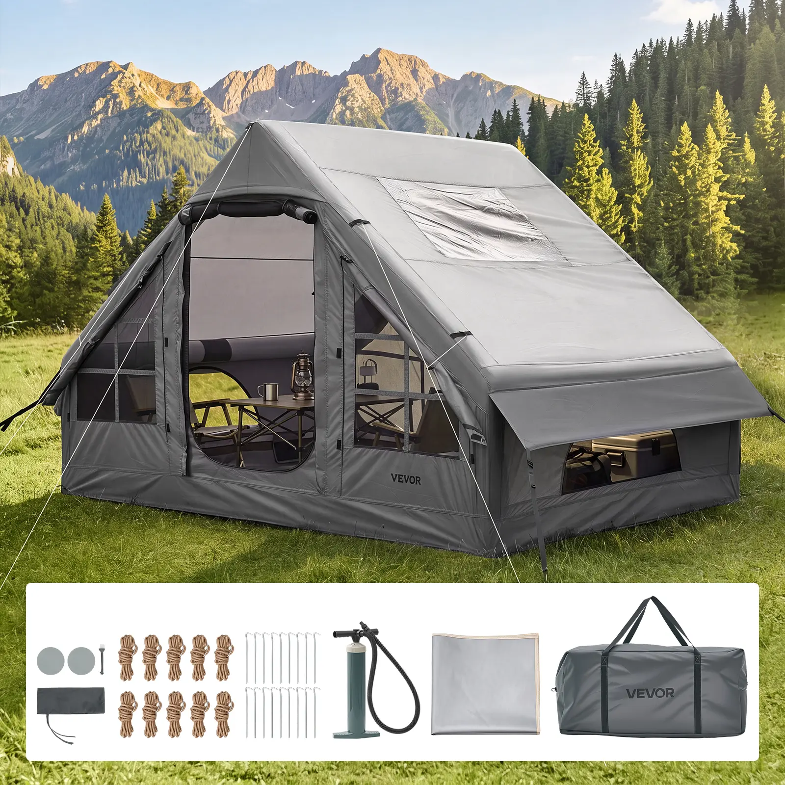 VEVOR Inflatable Tent for Camping 2-4 Person Blow Up Tent with Pump Gray, for Family Outdoor Glamping, Waterproof 420D Oxford, Easy Setup Air House with Skylight, Stove Jack, Mesh Windows & Carry Bag