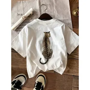 Women's Short-Sleeve Graphic Tee, Leopard Back Print, Soft Breathable Crew Neck, Casual Summer Streetwear for Travel, Everyday Outfit