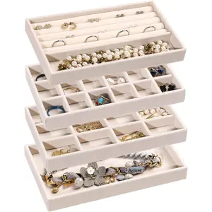 Jewelry Organizer Tray, Stackable Velvet Jewelry Trays,Drawer Inserts Earring Organizer For Women Jewelry Storage Display Case for Rings Stud Necklaces,Set of 4(Beige)