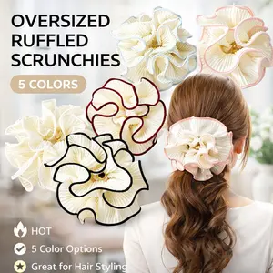 5 Pack Oversized Fluffy Hair Scrunchies – Double Layer Ruffle & Colored Trim, White Base, Great for Messy Bun, High Ponytail – Soft & Gentle on Hair