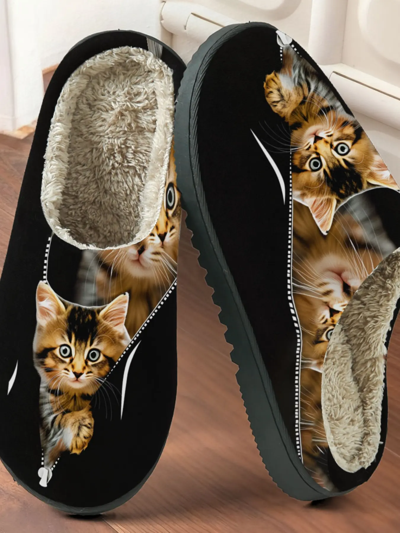 Cute Cat Zipper Creative Printed Cotton Slippers, Fun Healing Style, Plush Lined Anti-Slip Thick Sole, Home Unisex Fall Winter Warm Shoes