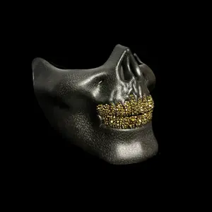 Black Half Skull Mask With Blinged Out Platinum Gold Grillz