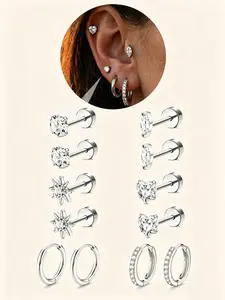 6 Pairs Women Low Sensitivity Stud Earrings, Stainless Steel, 20g Stackable Set, Silver Color/, Nose Piercing, Lip Ring, Cartilage