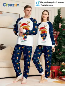 Couple Christmas long-sleeved trousers loungewear pajamas pajamas set, Christmas elk and geometric pattern combination printing elements, crew neck design, Christmas set, men's or women's, single set