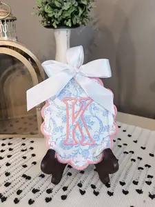 Embroidered Christmas Ornament With White Bow and Personalized Initial