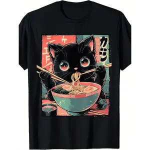 Unisex Cute Cat Eating Ramen Anime T-Shirt - Japanese Cat and Ramen Bowl Design, 220g Pure Cotton Crew Neck T-Shirt, Suitable for Daily Wear, Anime Conventions - Unisex Apparel