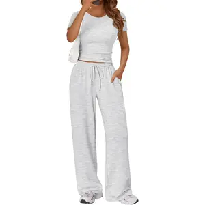 Women’s 2 Piece Summer Lounge Set with Side Ruched Top, Wide Leg Pants, and Pockets Trendy Queen