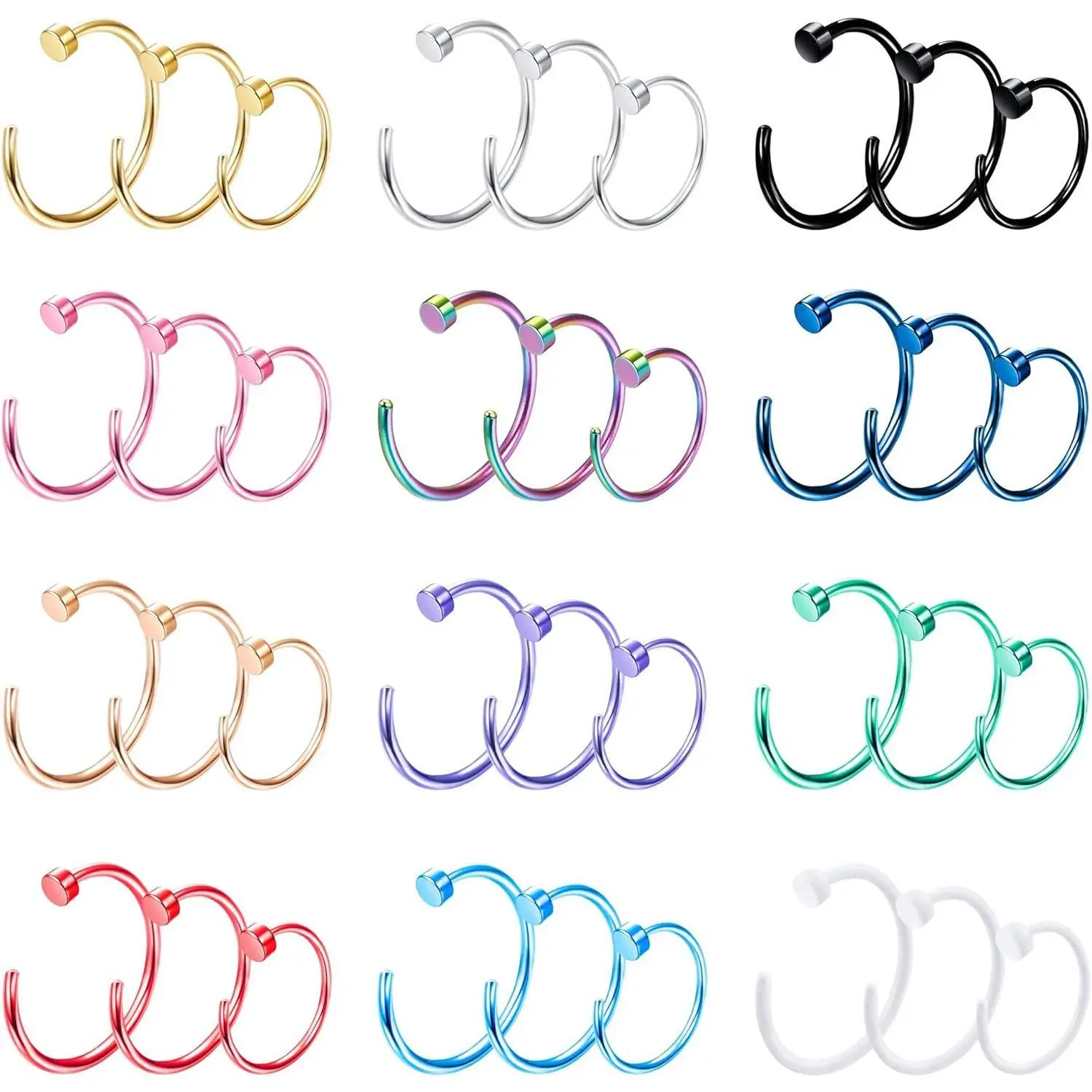 CASSIECA Unisex 316L Stainless Steel Colored Nose Ring Hoop Nose Piercings Kit, 20G, 36-Count, 6mm/8mm/10mm/12mm Daily Jewelry Accessories