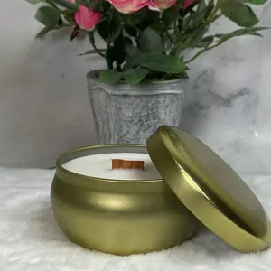 Smokey Vanilla Wooden Wick Candle in Elegant Gold Tin with Aromatic Scent for Home Decor Woody Scented