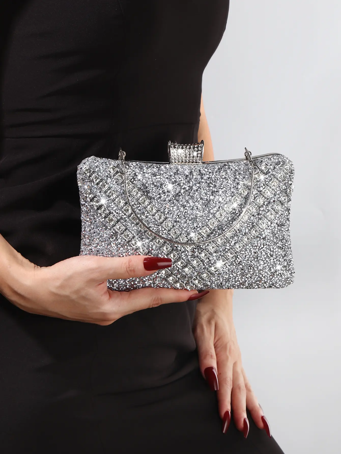 Sparkling Silver Rhinestone Grid Pattern Shoulder Party Clutch Bag, Bridal Clutch, Rectangular Hard Shell Evening Handbag with Removable Metal Ring Handle, Glam Convertible Crossbody Purse for Ladies Wedding & Formal Party