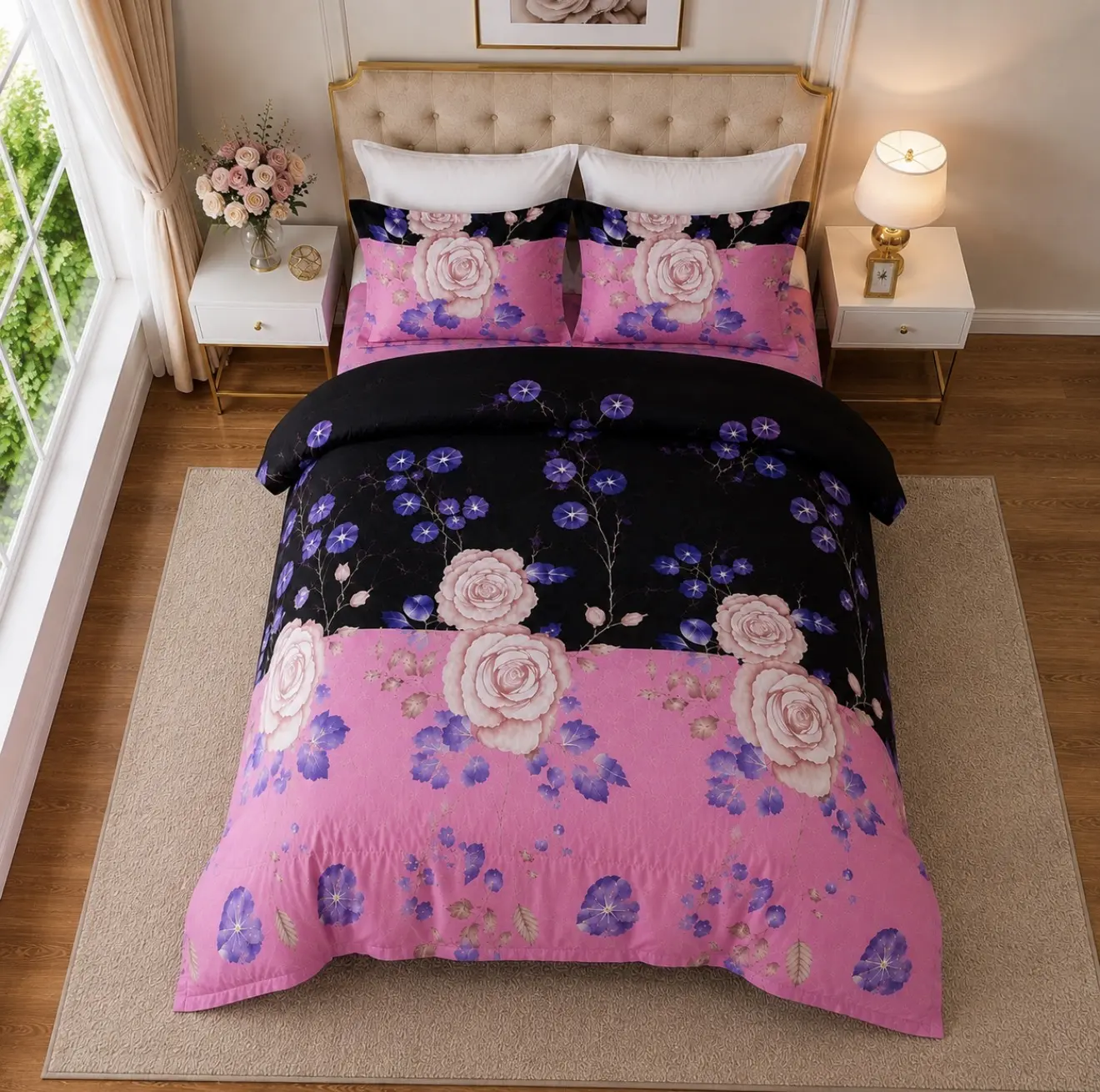 King Size Floral 6-Piece Bed Sheet Set with 4 Pillowcases – Soft Microfiber Deep Pocket