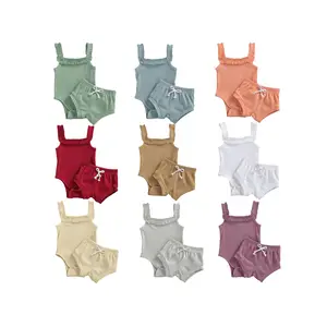 Newborn Infant Baby Girl Boy Outfit Solid Sleeveless Halter Romper Top and Shorts Bloomers Summer Clothes Set