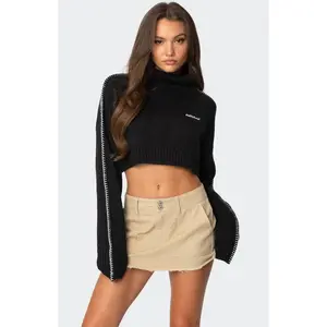 Edikted Women's Embroidered Edge Cropped Turtle Neck Sweater