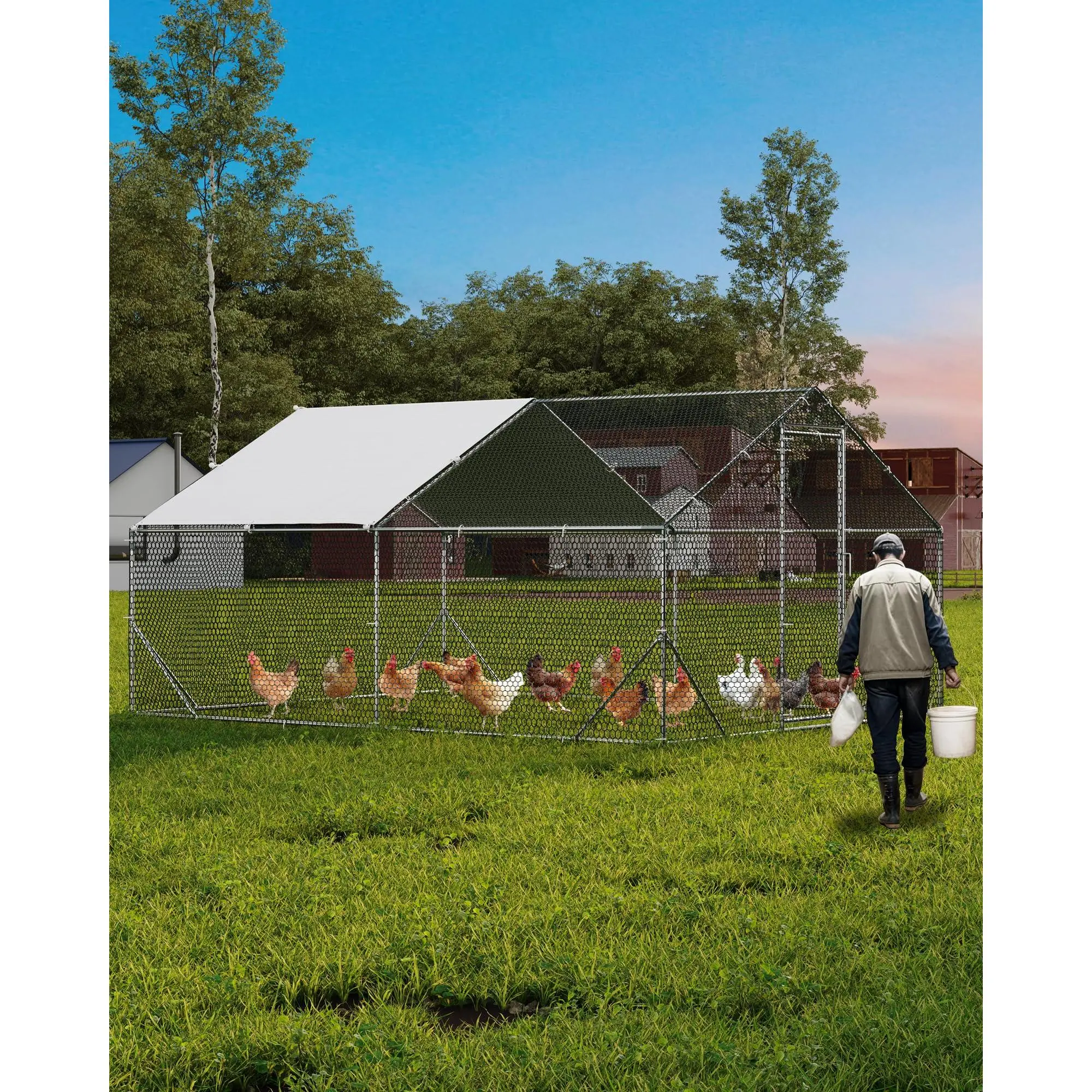 GAOMON Large Metal Walk-in Chicken Pen, Spacious Poultry Run Cage for 6-10 Chickens, Anti-UV & Waterproof Protective Cover, Ideal for Yard Raising Chickens, Ducks and Poultry - SummerVibes
