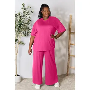 Double Take Full Size Round Neck Slit Top and Pants Set