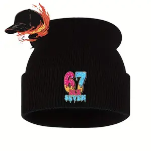 S&T 1 Piece Handsome 67 SIX SEVEN Letter Print Fashion Trend Hip-Hop Street Style Knitted Hat Autumn Winter Warm Soft Comfortable Windproof Cold-Proof Suitable for Music Festivals Street Parties Outdoor Skiing Brimless Hat Christmas Holiday Gift