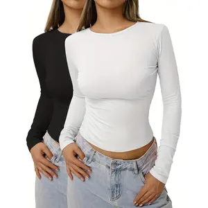 2 Solid Color Casual T-shirt, Long Sleeve round Neck Micro-Elastic Sports T-shirt, Women's Tops