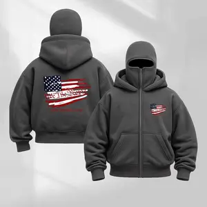 Balaclava Jacket Zip Up USA Printed Fashion Double Layer Hoodie Hip Hop Outerwear Jacket Y2K Clothing for Men and Women