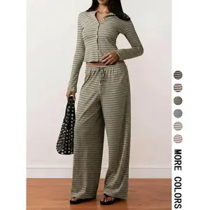 Women’s Loose-Fit Knitted Buttoned Ribbed Top & Striped Wide-Leg Pants Set, All-Season Comfortable Casual Outfits for Women