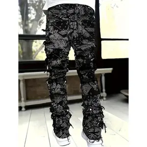 Men’s elastic-waist straight-leg loose-fit jeans with red paisley print and frayed hem — streetwear style, machine washable, all-season comfort, casual streetwear