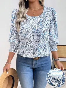 Large Size Blue Floral Bubble Sleeve Top, Fresh Farmhouse Casual Style, Elastic Waist Slimming Chiffon Blouse, Shirts, Women's Fashion