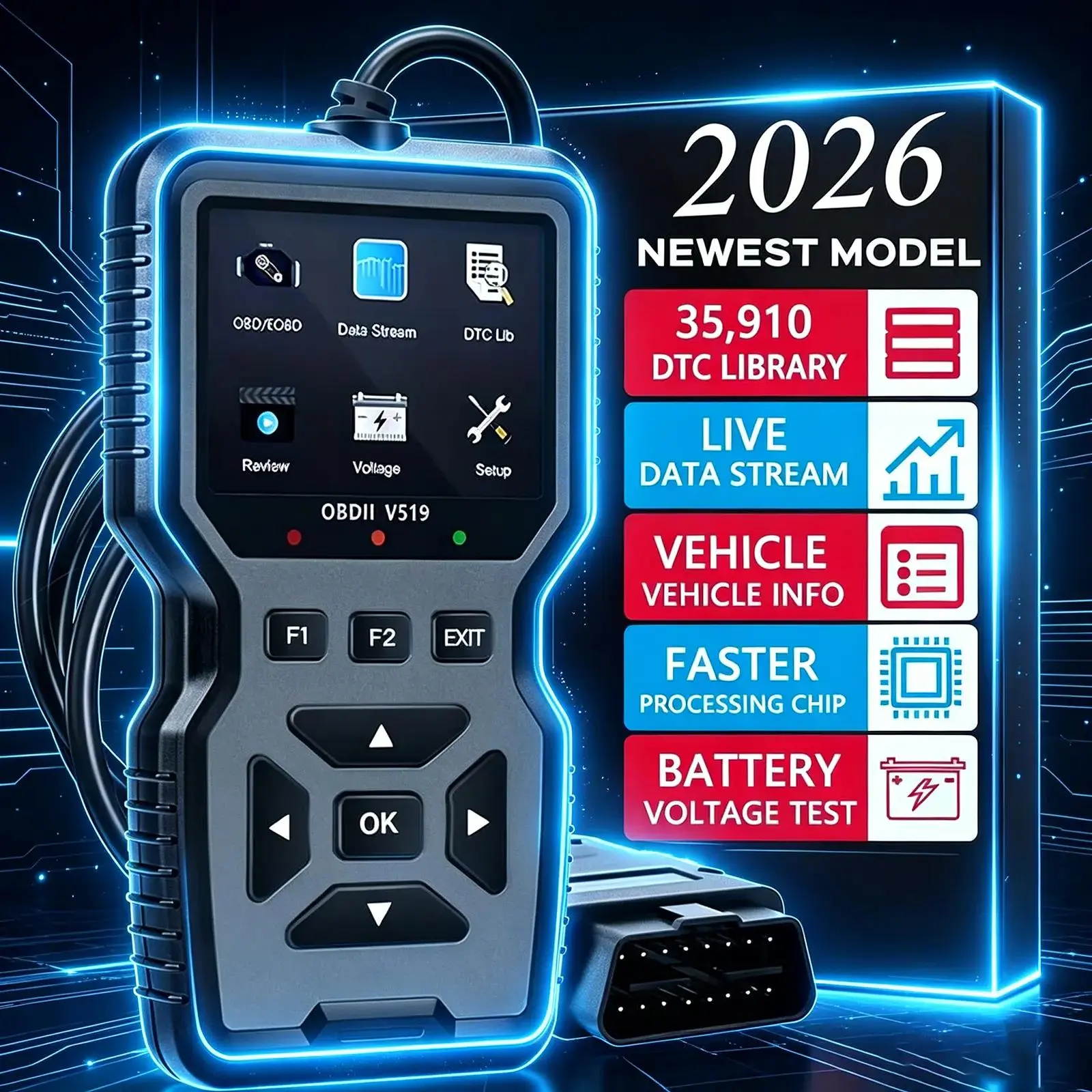 Lightweight 2026 Upgraded Professional OBD2 V519 Scanner - 2.8-inch OBDII+CAN Code Reader, Anti-slip Rubber, Dustproof, Live Data, Battery Test, 40000+ DTC Library, I/M Readiness, Check Engine Light, Smog Test for 1996+ Vehicles, Ideal for DIY Car Owners
