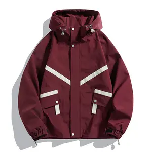 Hooded Workwear Jacket Men Color Block Splice Reflective Tape Softshell Autumn Fashion Casual Coat Burgundy Long Sleeve Stylish Menswear