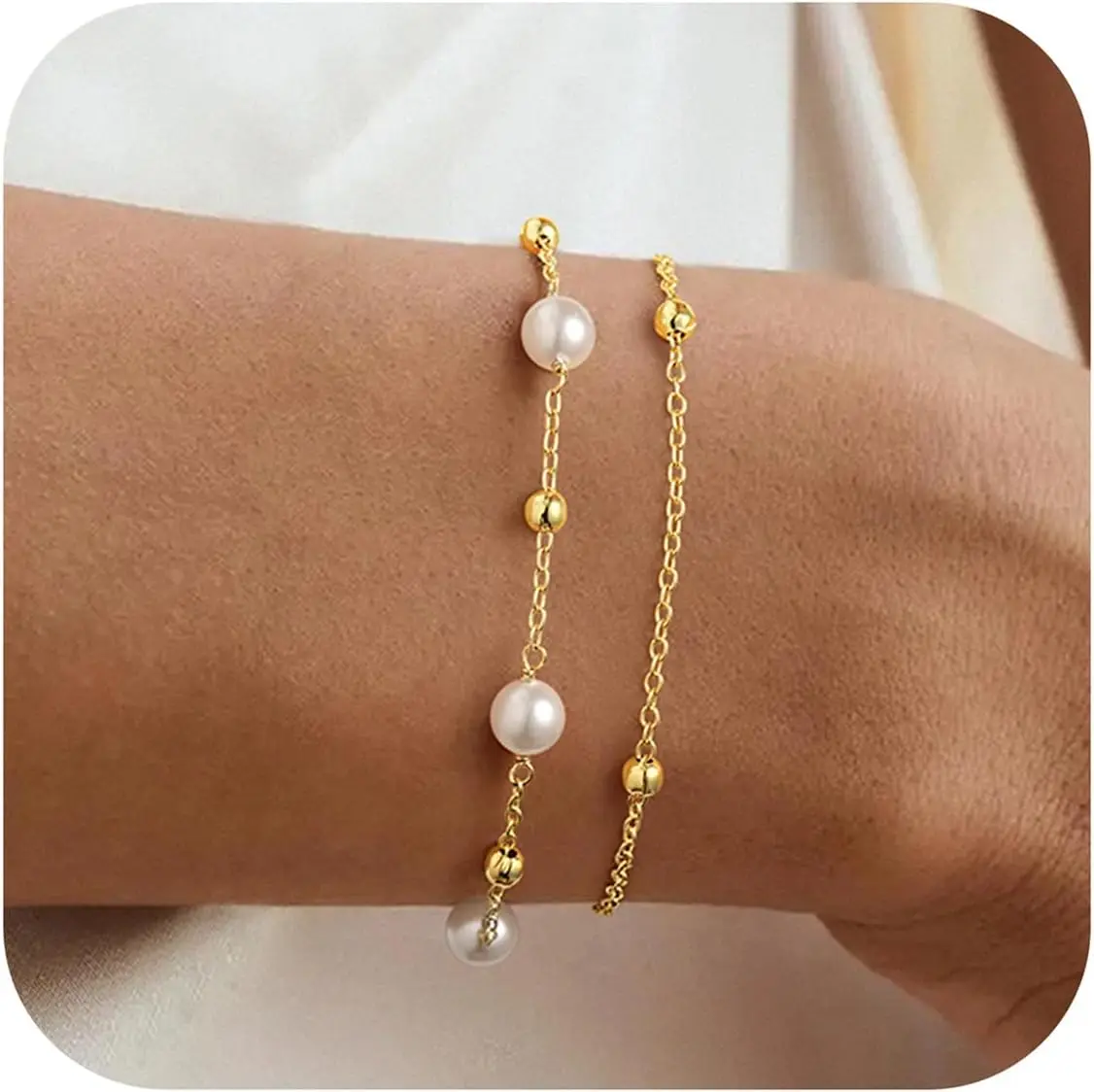 Pearl Bracelets for Women, Dainty 14K-Gold-Plated Pearls Beaded Link Chain Bracelet Jewelry Gift for Women