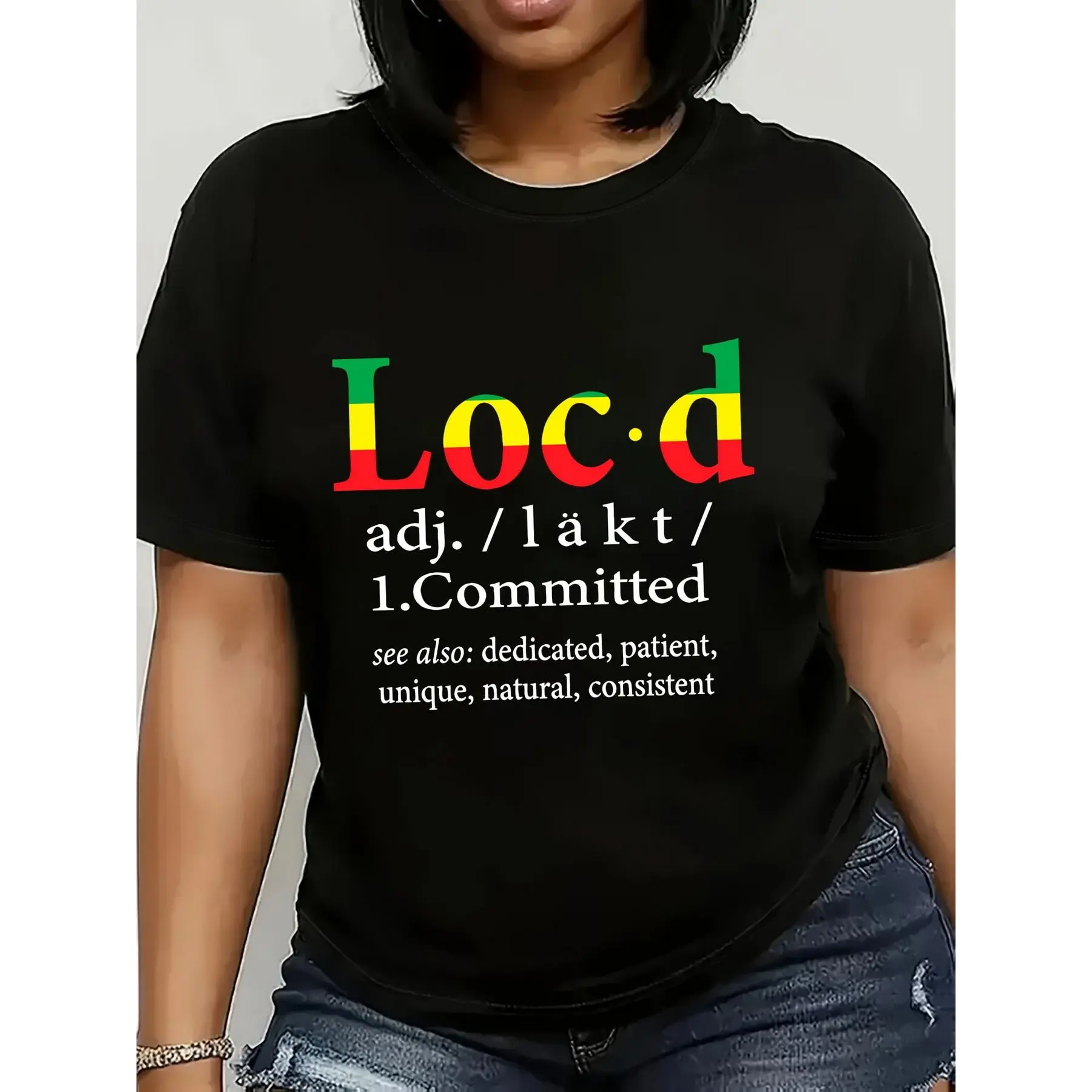 Women's 180g Black Cotton Crew Neck Short Sleeve Printed Tee - "Loc·d" Definition Graphic T-Shirt - Committed, Dedicated, Patient, Unique, Natural, Consistent - Soft and Stylish Casual Summer Top for Ladies