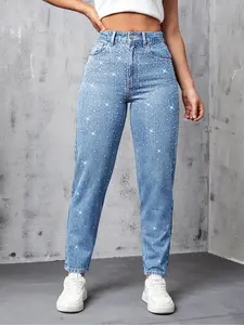 Women's Rhinestone Embellished Washed Denim Jeans, Fitted Cone Shape Pants, Natural Waist Button Fly, All Seasons Fashion