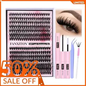 FANXITON DIY Lash Extension Kit Volume Lash Clusters 40D+50D D Curl Individual Lashes Lash Clusters Kit Thick Eyelash Extension Kit 280 pcs Thin Band Cluster Lashes Lash Bond and Seal Lash Tweezers